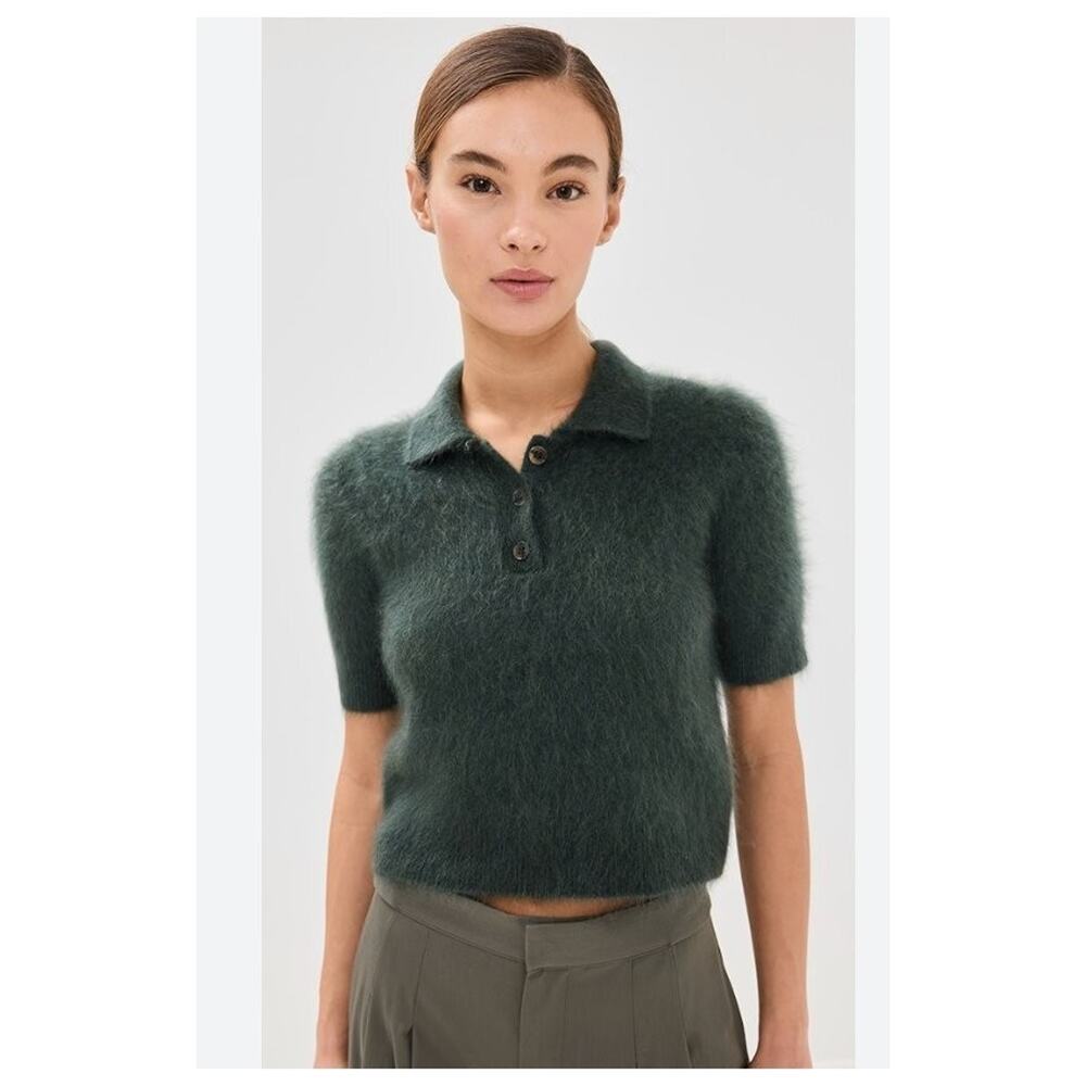 LISA YANG Sz 2 M L Carolyn Brushed 100% Cashmere Green Polo Sweater